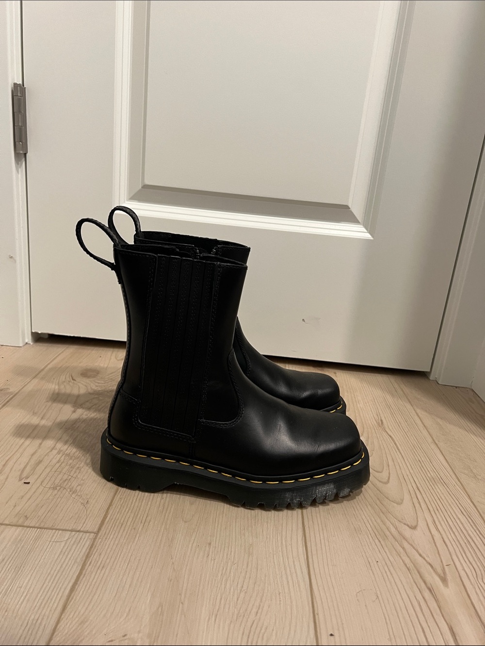 Dr Marten’s Black Leather Chunky Boots with Classic Yellow Stitching